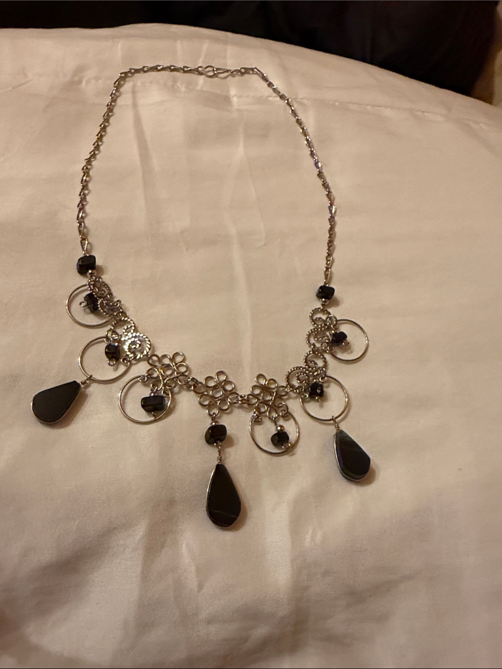 Silver-Tone Black Teardrop Statement Necklace - Women Jewelry